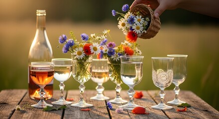 On a sunlit wooden table, goblets shimmer with wine and water as wildflowers spill from a basket—blending rustic charm with celebratory elegance in a moment of floral abundance and countryside warmth.
