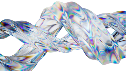 Striking 3D render of an iridescent glass helix. Futuristic graphic for science, tech, or luxury branding. Abstract data strand or DNA concept with light refraction on a clean backdrop