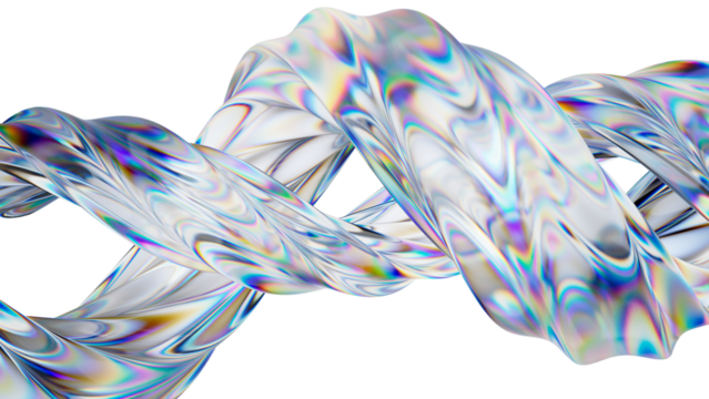 Striking 3D render of an iridescent glass helix. Futuristic graphic for science, tech, or luxury branding. Abstract data strand or DNA concept with light refraction on a clean backdrop