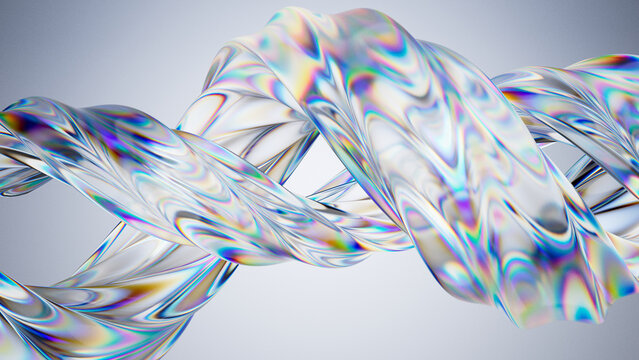 Striking 3D render of an iridescent glass helix. Futuristic graphic for science, tech, or luxury branding. Abstract data strand or DNA concept with light refraction on a clean backdrop