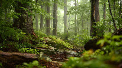 Obraz premium Peaceful green forest with mist and sunlight 