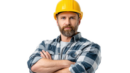 Portrait of a Construction Worker: Confident construction worker with a hard hat, arms crossed, embodying dedication and skilled workmanship.