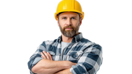 Portrait of a Construction Worker: Confident construction worker with a hard hat, arms crossed, embodying dedication and skilled workmanship.