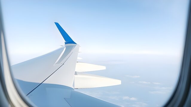 A serene view from an airplane window reveals the wing slicing through soft blue skies—its sleek form and distant clouds capturing the quiet wonder of altitude, motion, and the vastness of travel.