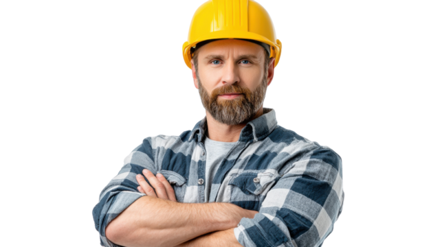 Portrait of a Construction Worker: Confident construction worker with a hard hat, arms crossed, embodying dedication and skilled workmanship.