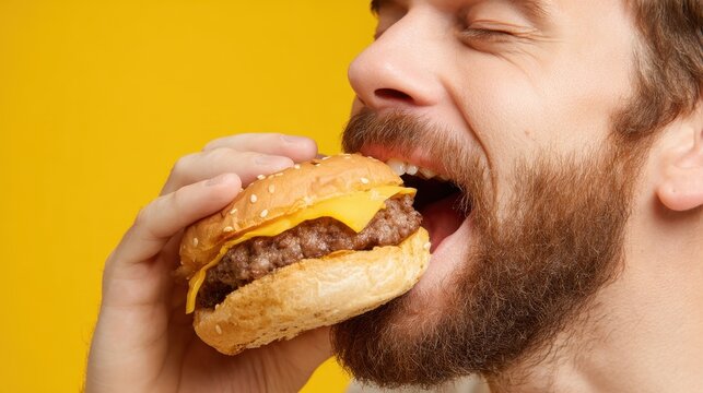 Amusing white man eagerly enjoys a delicious burger against a yellow background close up of a bearded millennial indulging in junk food Fast food eating theme