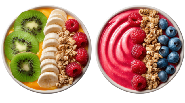 Vibrant Bowl Delights: Two colorful bowls bursting with fresh fruits and nutritious granola, showcasing a healthy and delicious meal.