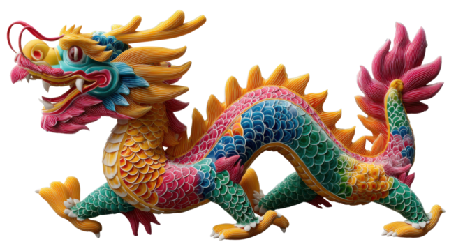 Majestic Dragon Statue: A colorful and vibrant dragon statue, an emblem of power and good fortune, standing tall with intricate details and a lively presence.