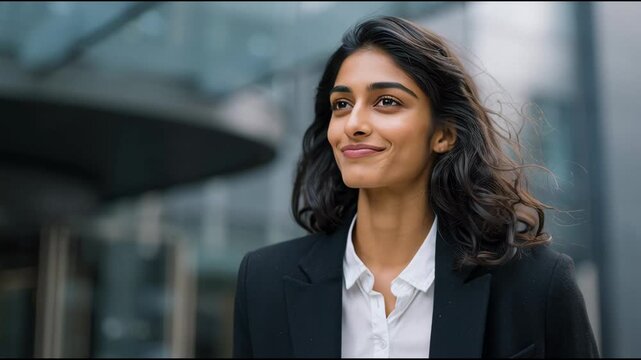 Smiling Indian Businesswoman Talking on Smartphone Outdoors in City