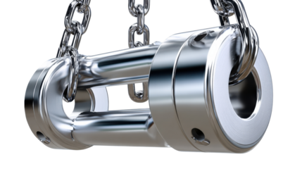 Industrial Link: A close-up view of a robust, metallic industrial component suspended by chains. Its polished surface gleams under focused light, showcasing intricate engineering. 