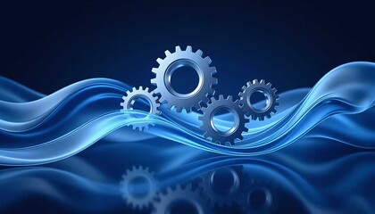 Sleek metallic gears rotating within a luminous blue abstract background, symbolizing engineering innovation and digital technology workflow process