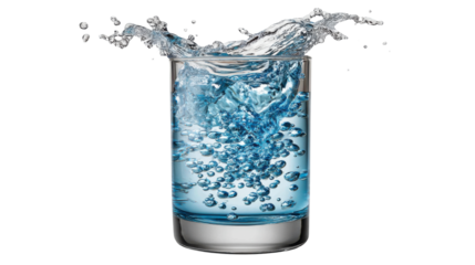 Refreshing Water Splash in Glass: A pristine glass filled with crystal-clear water captures the moment of a refreshing splash, highlighting the vitality of hydration.