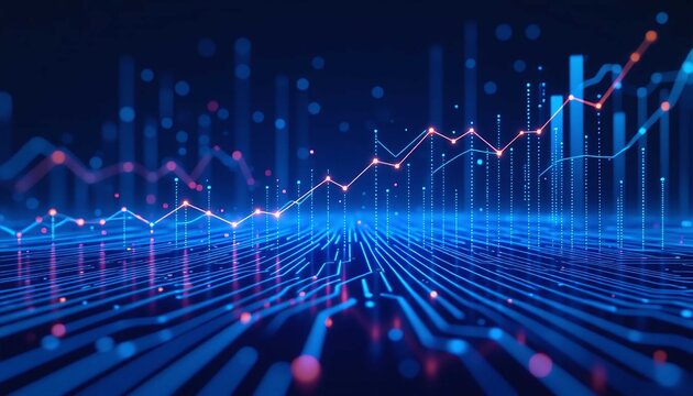 Futuristic digital visualization of financial growth and stock market analysis, depicting big data flow across a technology network