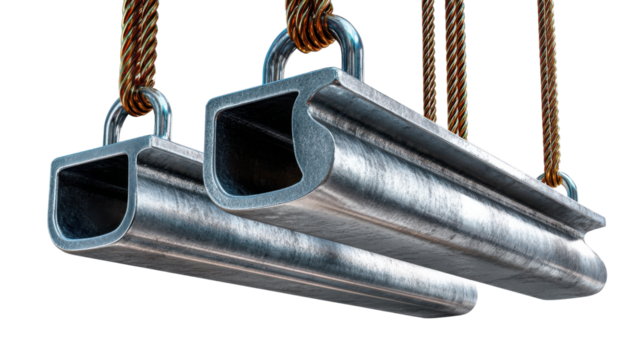 Metal Components: A close-up shot of two industrial metal pieces suspended, showcasing their unique form and texture, and symbolizing strength and durability.