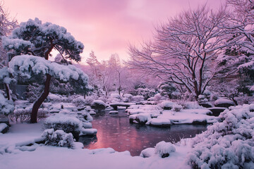 Snow covered Japanese garden at sunset in winter
