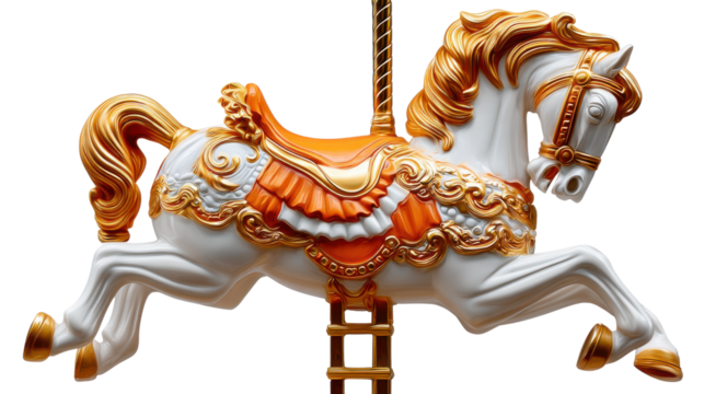Golden Carousel Horse: A beautifully detailed carousel horse, resplendent in gold and white, stands frozen mid-gallop, capturing the joy and nostalgia of childhood.