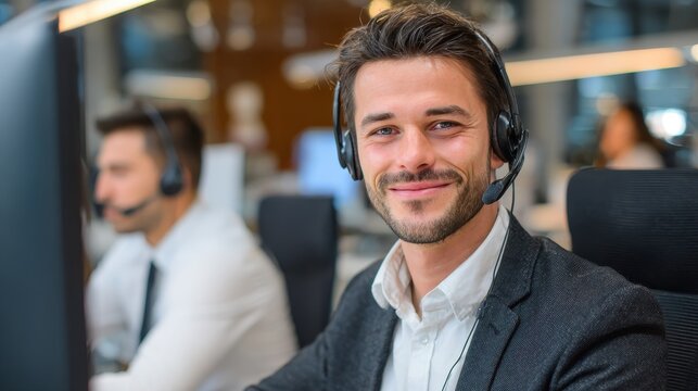 Attractive male customer service agent in a headset at a contemporary office
