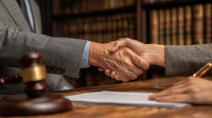 Attorney and female client shaking hands over documents and contracts at the lawyer s desk with a gavel on the table