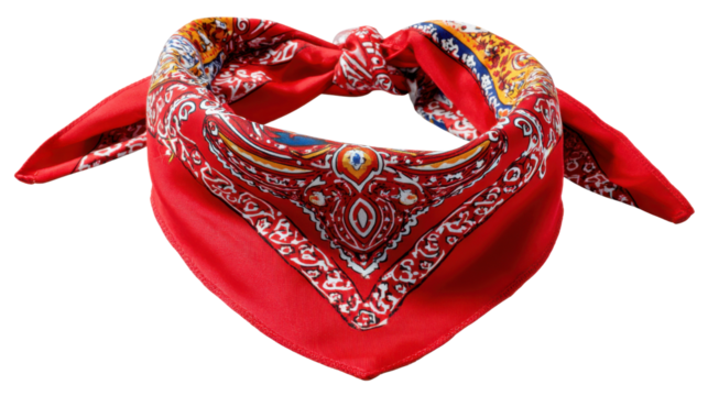 Vibrant Red Bandana: A close-up shot of a boldly colored bandana, intricately patterned with cultural motifs and knotted neatly in the center, inviting exploration of cultural expression.