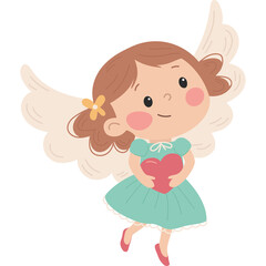 Cute little angel girl with brown hair and wings holding a pink heart and wearing a teal dress with yellow flower accessory and pink shoes isolated on transparent background
