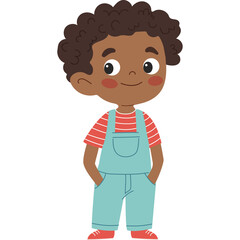 Cute Little Boy With Curly Hair Wearing Teal Overalls And Striped Shirt Standing With Hands In Pockets With A Happy Expression On His Face, Transparent Background