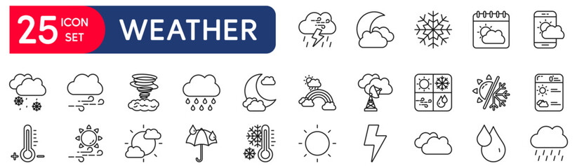 Weather set of web icons in line style. vector illustration concept relate to wind, storm, rain, cloud, snow, sunny, moon, forecast, cloudy, sky, rainy, cold, umbrella