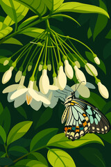 The image depicts a beautiful butterfly resting on a cluster of delicate white flowers surrounded by lush green leaves. The butterfly features intricate patterns on its wings, blending shades of blue,