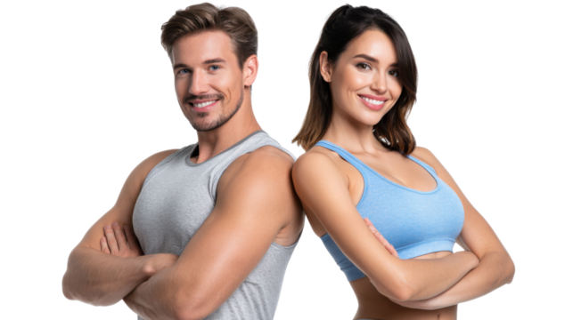 Fitness Duo: A portrait of a man and woman exuding vitality and vigor, showcasing the synergy of fitness and wellness, embodying a lifestyle of health and activity.