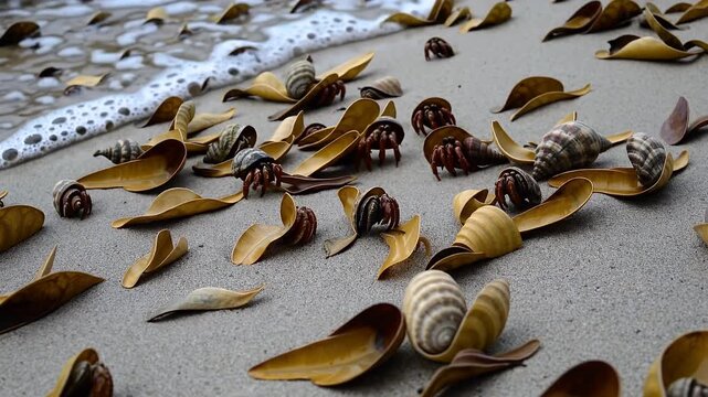 Beautiful 4K beach macro showing hermit crabs crawling over dry mangrove leaves sand captured bright light natural detail&mdash;ideal nature marine tropical habitat footage