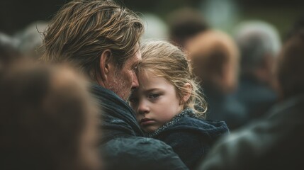 A father and daughter share a moment of grief at an outdoor funeral expressing empathy together