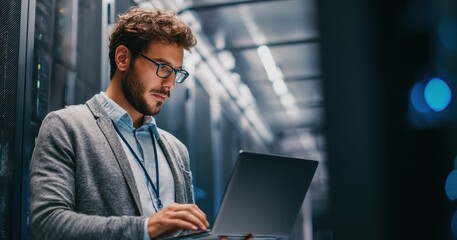 IT specialist operates laptop in data center male admin manages cloud servers focusing on cybersecurity