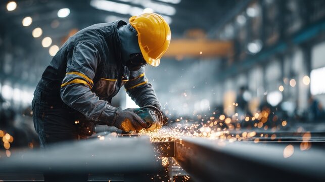 Industrial factory setting with a worker in safety gear operating an angle grinder on a metal tube