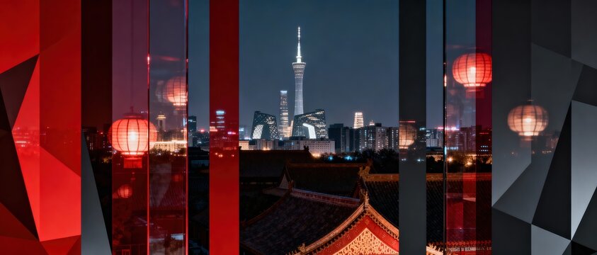 Stunning illuminated cityscape with modern skyscrapers and traditional lanterns at night