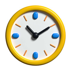 3D rendered yellow clock with white face, blue markers, and black hands