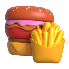 3D-rendered, colorful, cartoonish burger and fries, isolated on a black background