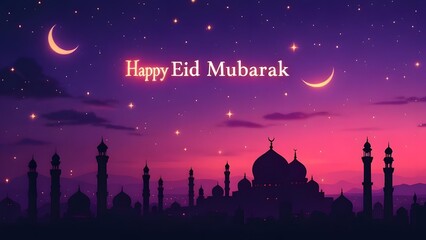 Naklejka premium Happy Eid Mubarak mosque silhouette with purple sky and crescent