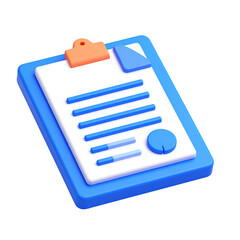 3D-rendered, stylized clipboard with a document, clip, lines, and chart elements