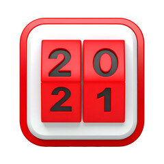 Digital red and white 3D icon of the year 2021, on a black background
