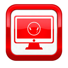 Glossy red and white computer icon featuring a monitor and headphone symbol