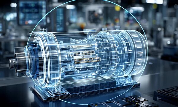Futuristic electric motor with holographic projection displaying data and complex designs in a dark high tech laboratory environment representing innovation and advanced technology
