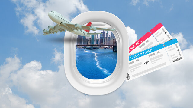Fototapeta Airplane flying over New York City skyline seen through aircraft window with boarding passes and blue sky travel concept