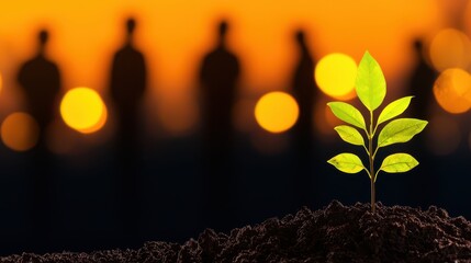Young green plant sprouting from dark soil against a blurred sunset background with silhouetted people