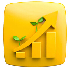 Graphic depicts a growing chart with arrow, sprouts, and bars on a golden background