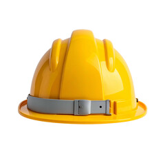 Isolated bright yellow protective headgear. Grey strap secures against a black background