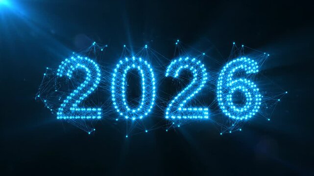 Digital year two zero twenty six formed by glowing blue network of interconnected dots on a dark background with light flare