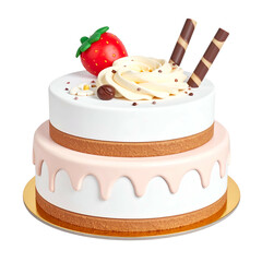Two-tiered, white cake decorated with strawberry, cream, wafers, and chocolate