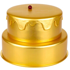 Two-tiered golden cake with dripping frosting and a single cherry on top