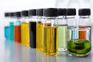 Array of small glass vials with various colored liquids and black screw-top caps