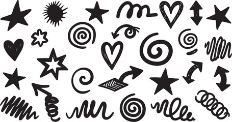 Fototapeta premium A collection of hand-drawn, doodle elements in black ink on a white background.
