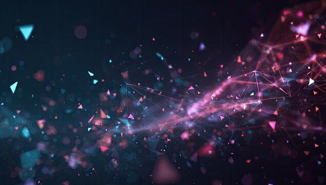 Abstract digital wave of colorful geometric shapes and connected lines against a dark background - Powered by Adobe